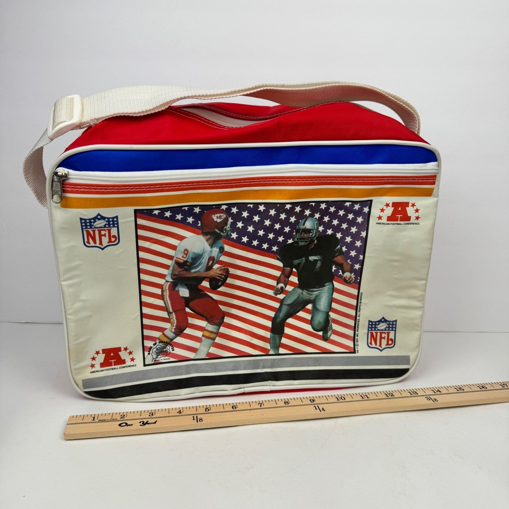 Vtg 80s American Football Zipper Messenger School Bag Kansas Chiefs Raiders READ